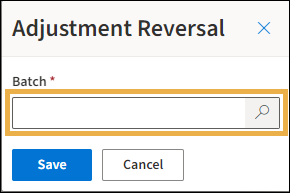 Adjustment Reversal window with yellow highlight box around the Batch field.